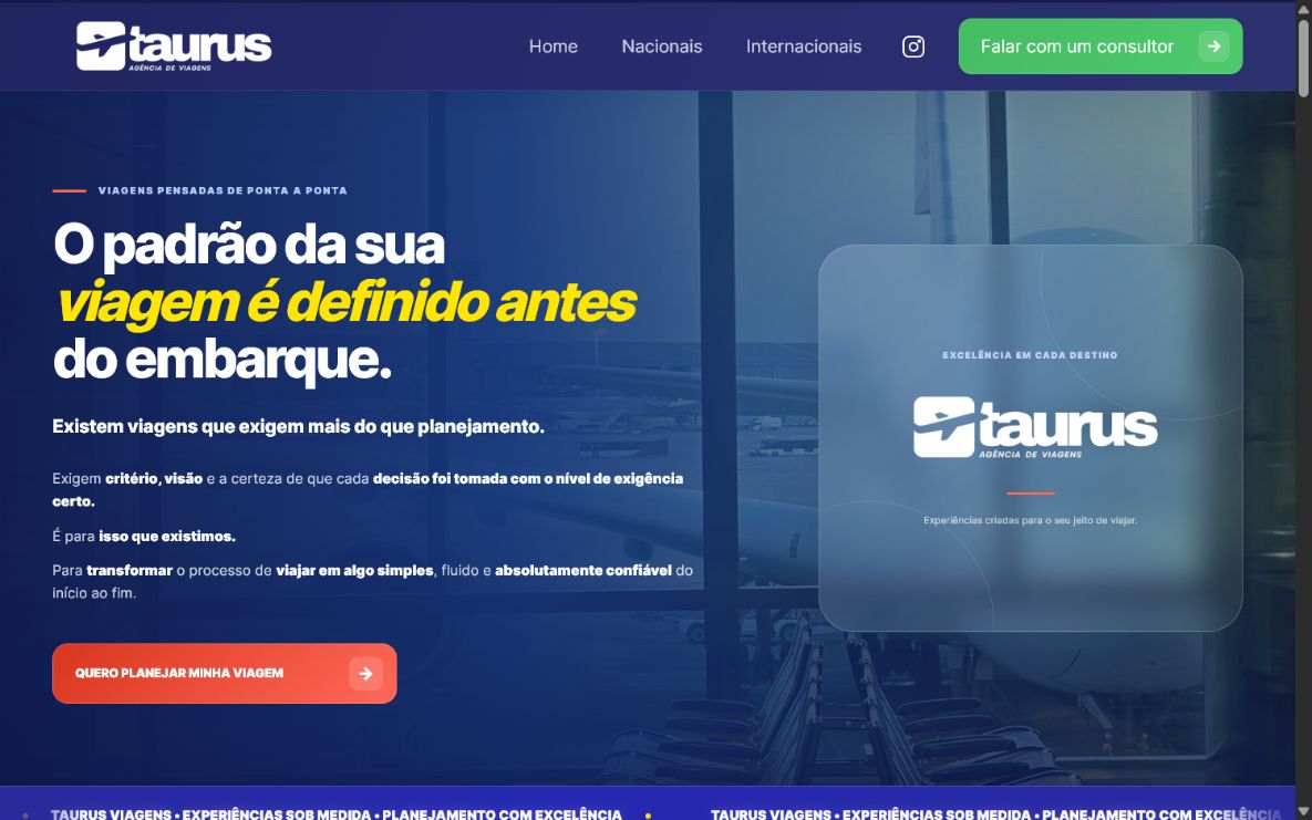 Página inicial do site Taurus Viagens